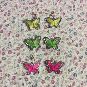 3 Pair Butterfly Earrings Yellow  Pink  & Green